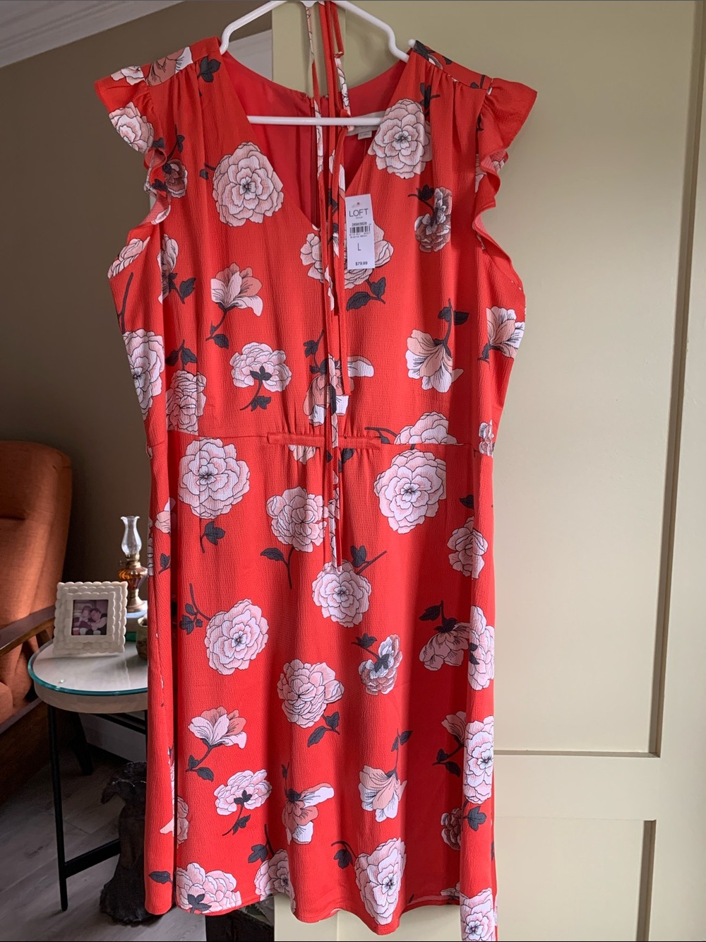 LOFT Salmon Floral Tie-Back Dress with White & Pink Blooms